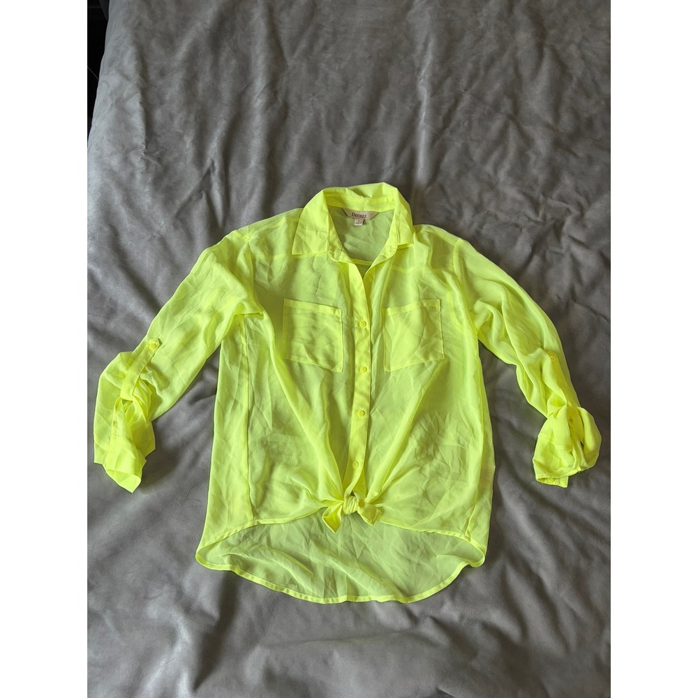 Decree Neon Yellow Tie Front Sheer Button Up Blouse Small Long Sleeve Pocket Top